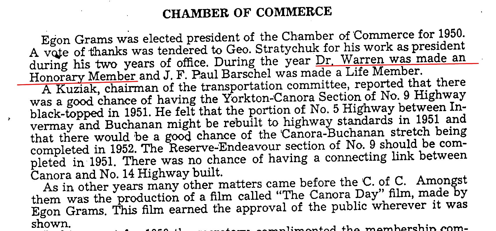 Dr. John Warren made Honary Member of Canora Chamber of Commerce